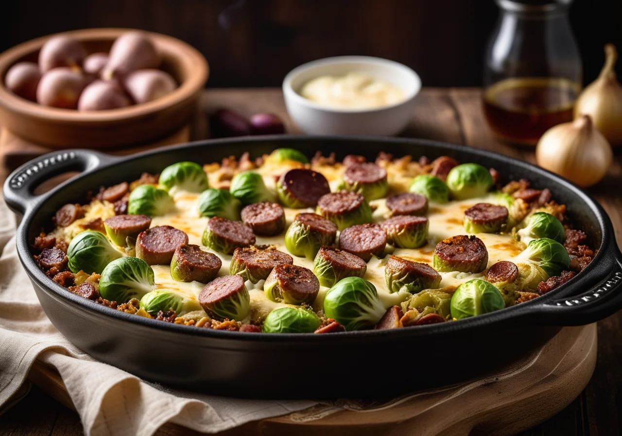 Brussels Sprouts Sausage Casserole with Onions