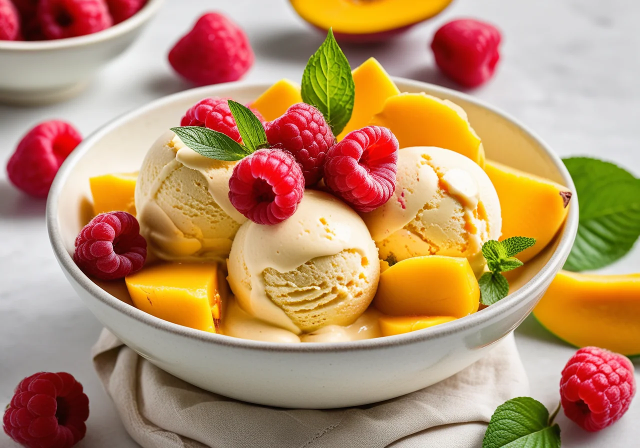 Mango Ice Cream with Raspberries