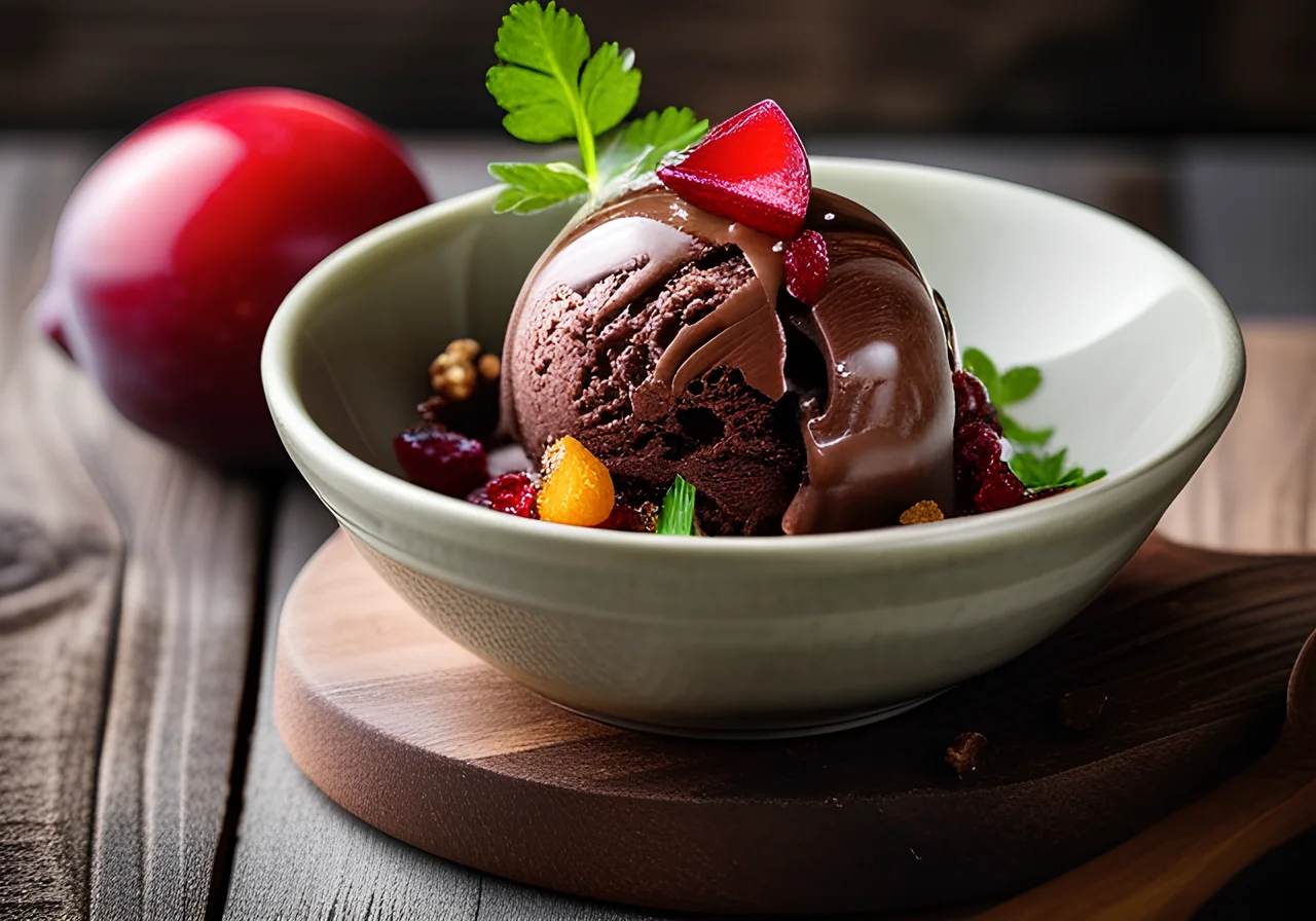 Chocolate Ice Cream with Coriander and Plum Compote
