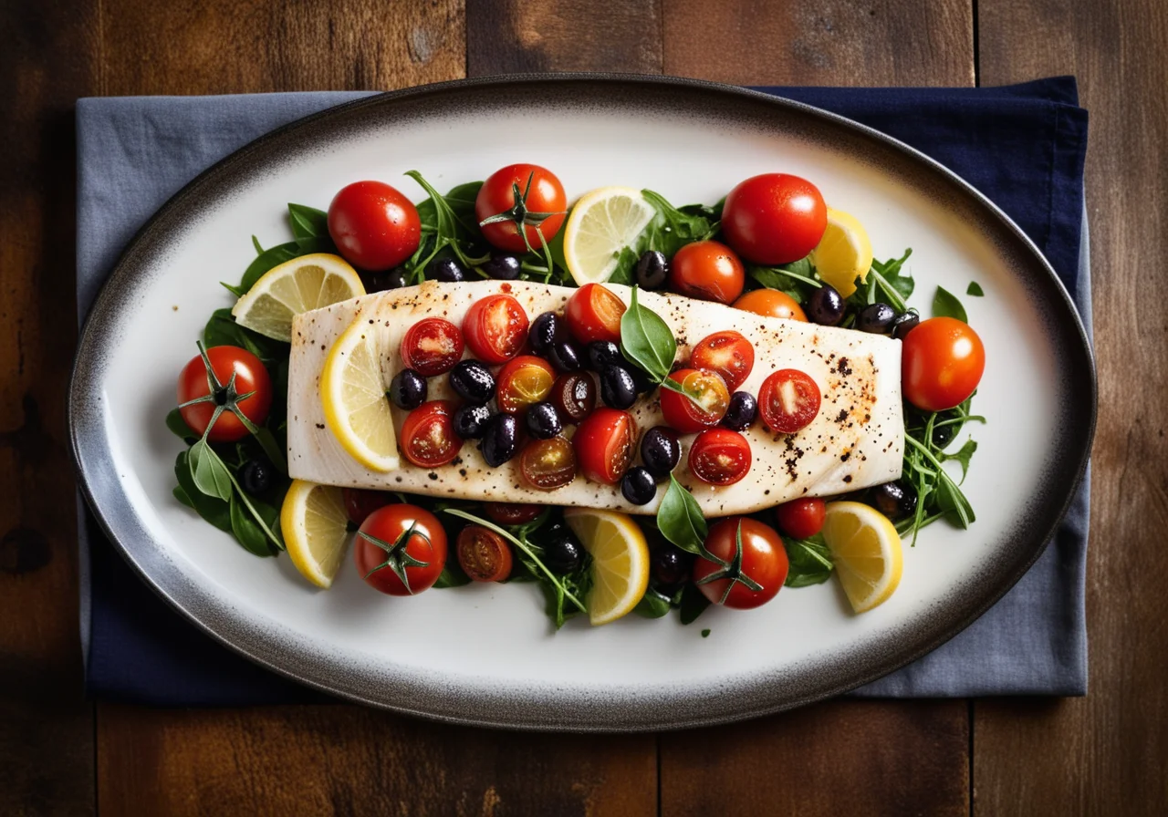 Fish with Arugula, Tomatoes and Olives