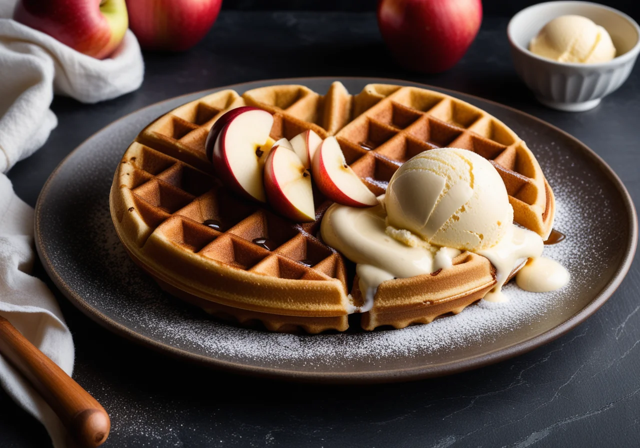 Waffles with Vanilla Ice Cream and Caramelized Apples
