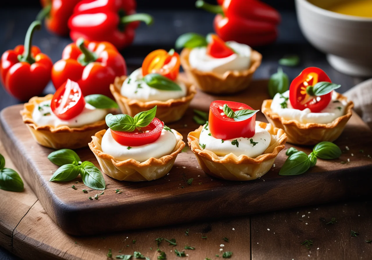 Small Phyllo Tartlets with Bell Pepper and Mozzarella