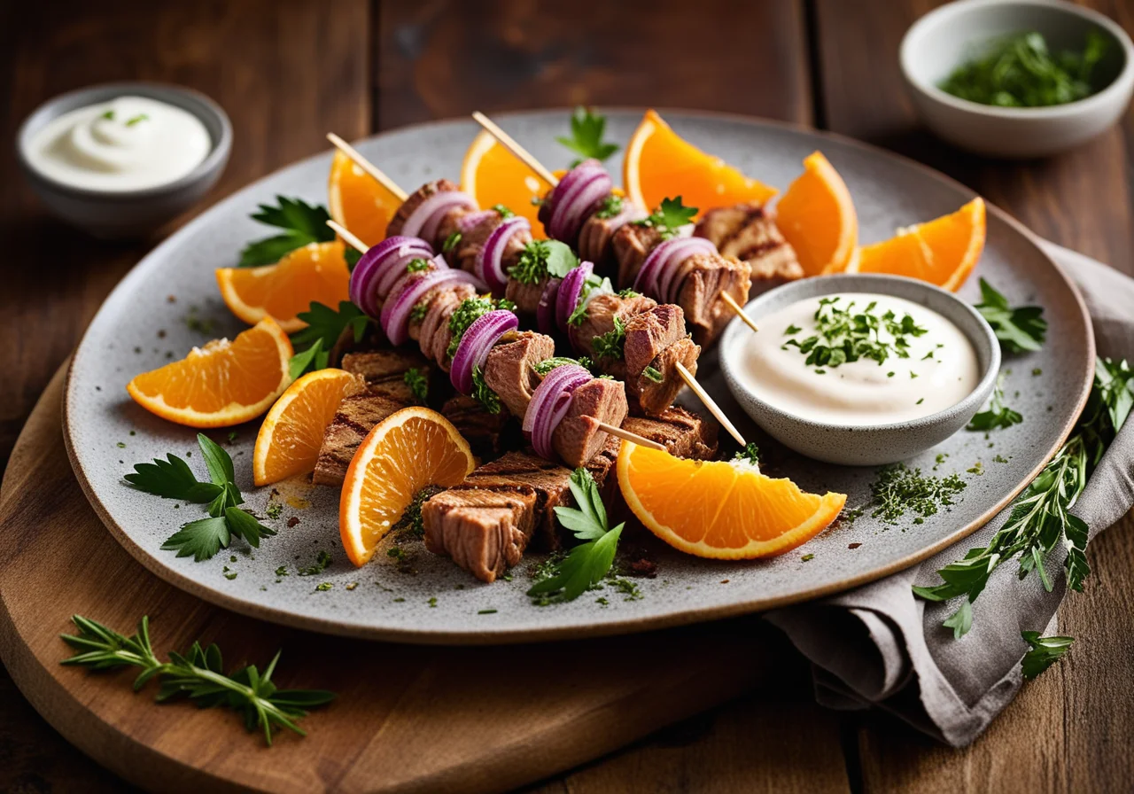 Veal Roll-Onion Skewer with Carrot Chips