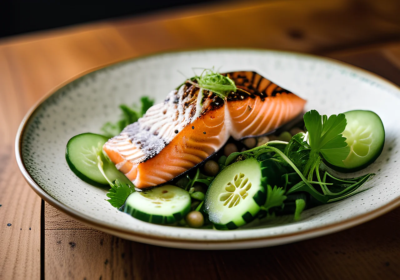 Marinated Salmon on Salad with Cucumber, Coriander and Chili