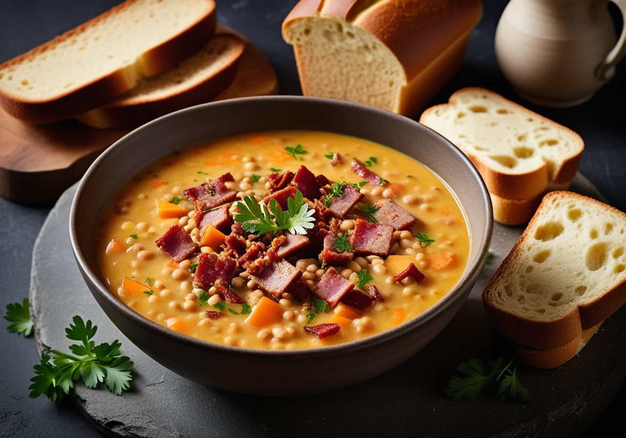 Lentil Bacon Soup with Sausage in Mini Bread