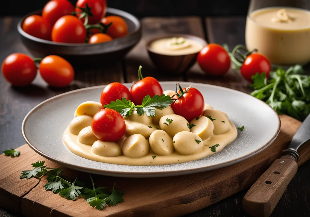 Chestnut Gnocchi with Berg Cheese Sauce and Cocktail Tomatoes