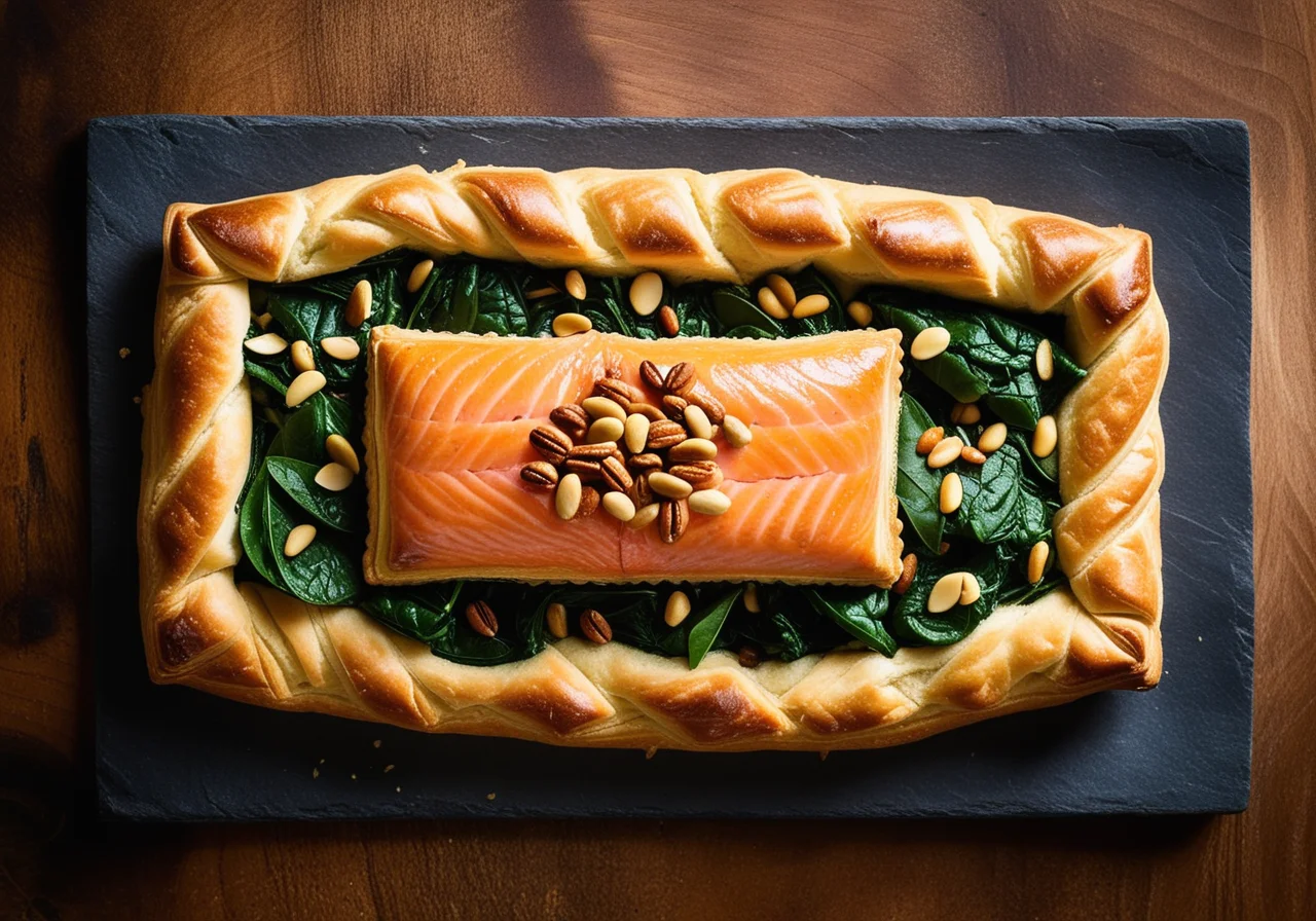 Salmon in pastry crust with spinach