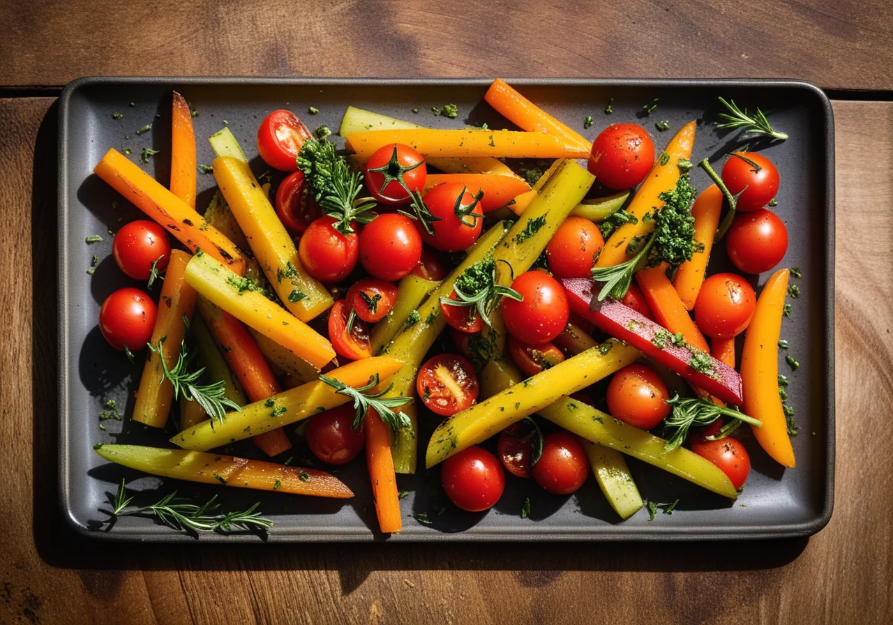 Colorful sautéed vegetables: cherry tomatoes, celery, scallions, carrots