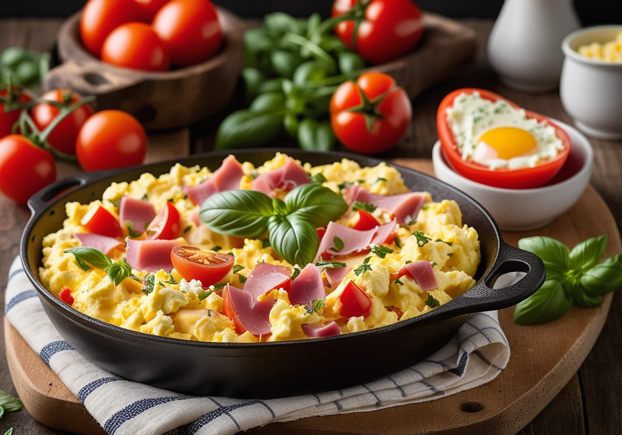 Scrambled Eggs with Ham, Tomatoes and Sheep Cheese