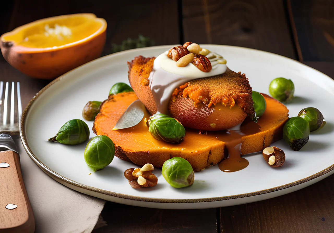 Stuffed Sweet Potato Schnitzels with Brussels Sprouts