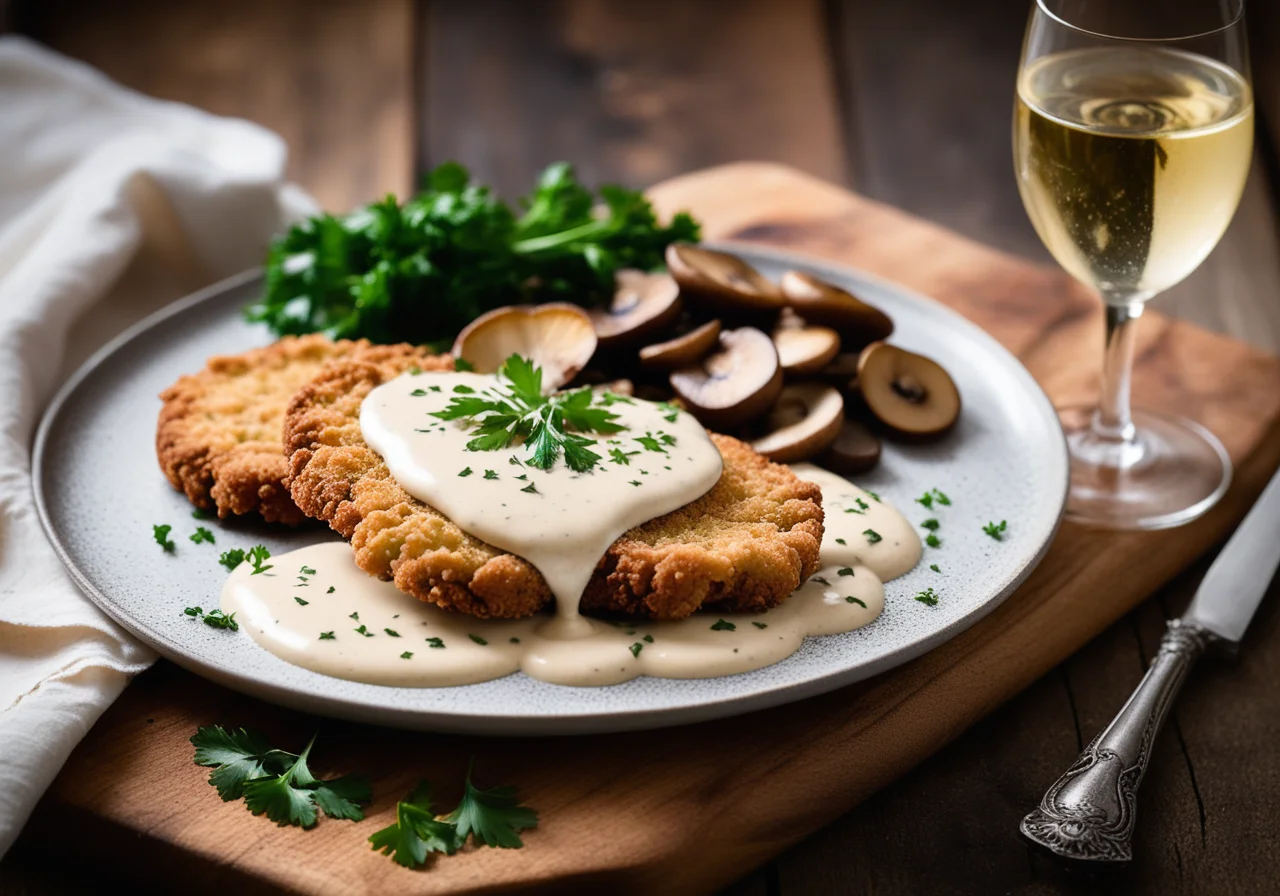 Hunter-style Schnitzel with White Wine Sauce and Mushrooms
