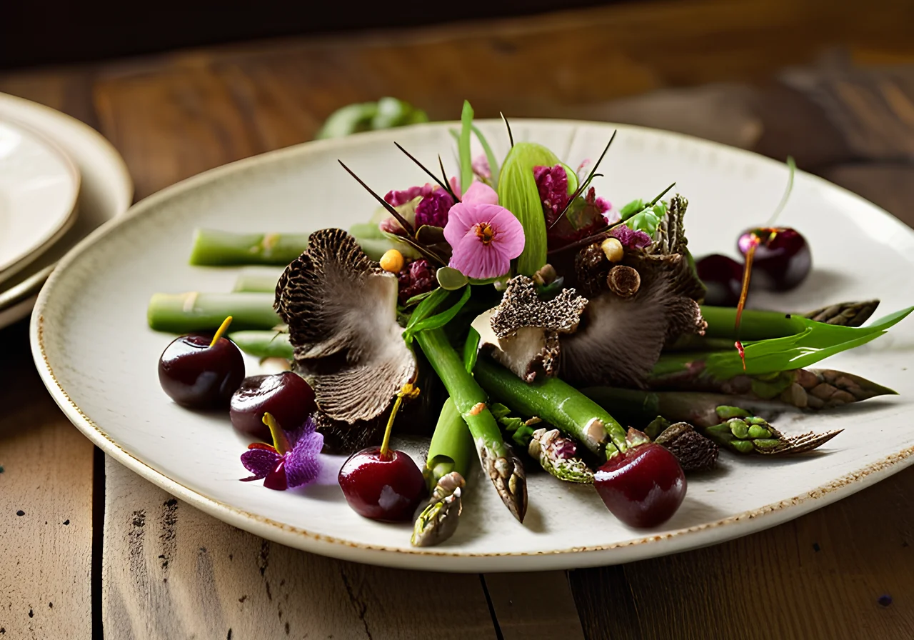 Asparagus & Morel Mushroom Salad with Cherries and Edible Flowers
