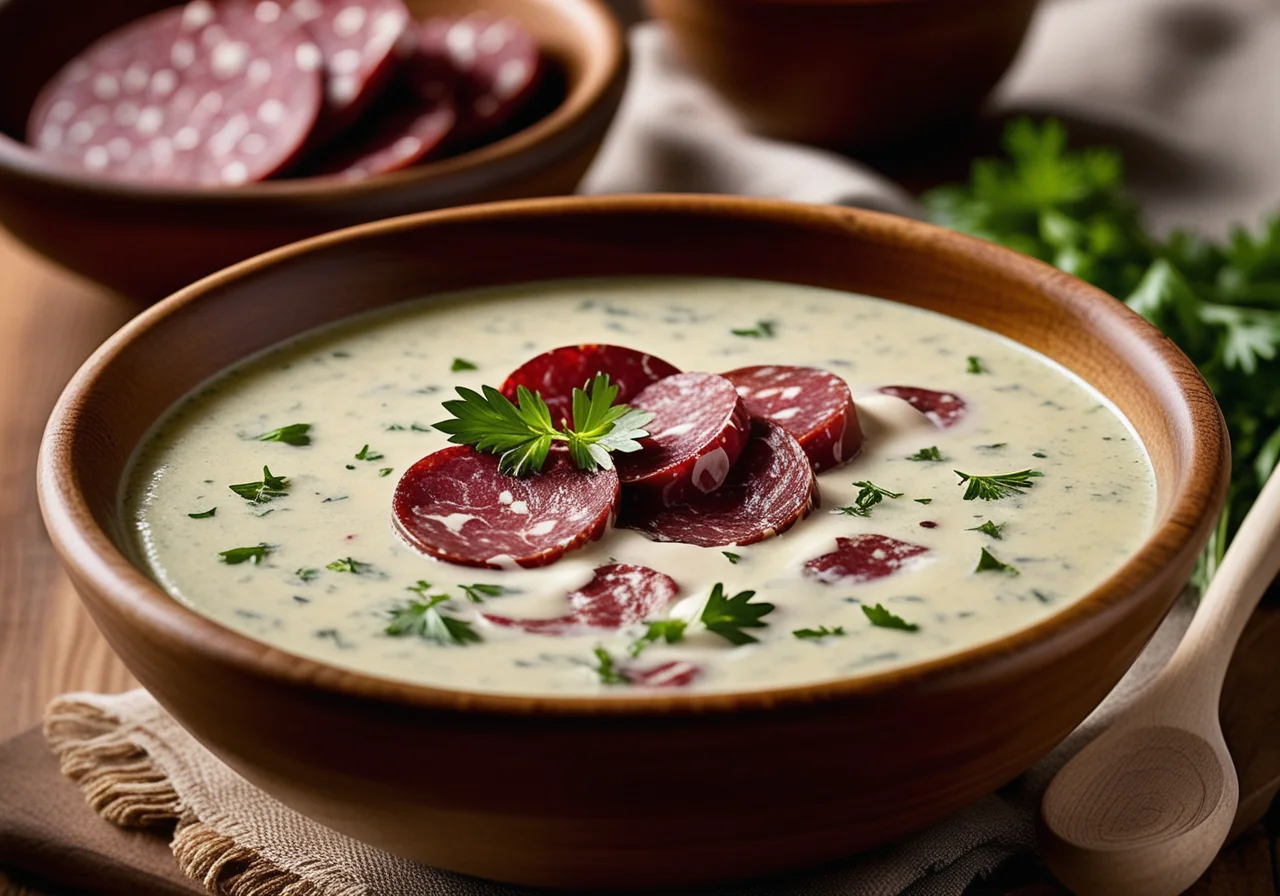 Creamy Herb Soup with Salami