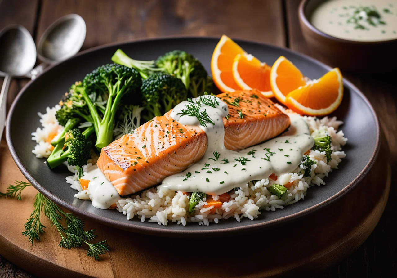 Rice-Broccoli Mix with Salmon from the Sheet