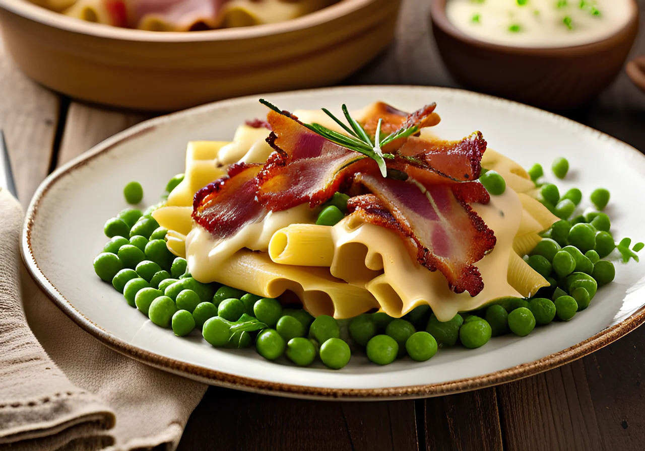 Baked Pasta Gratin with Bacon, Cream, Eggs and Peas (Carbonara)