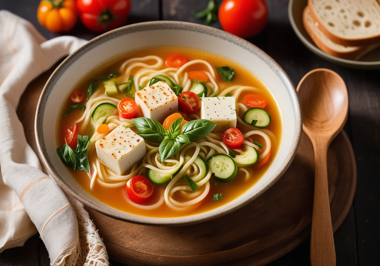 Vegetable Soup with Noodles and Cod Fillet