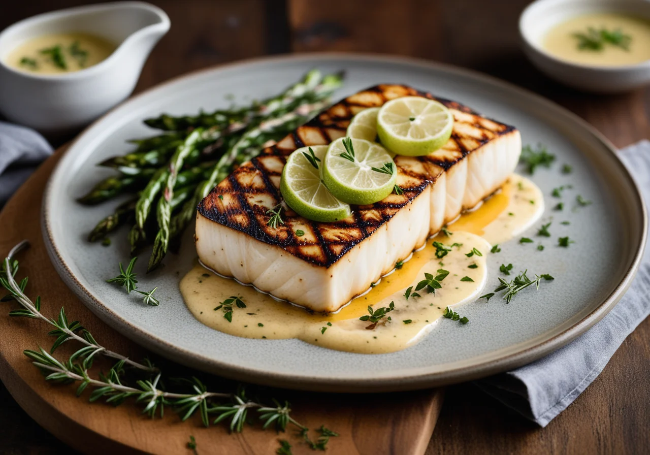 Grilled Halibut Fillets Marinated with Lime and Bay Leaves