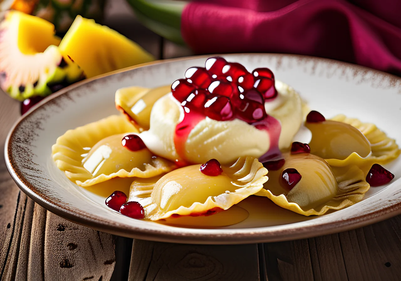 Sweet Ravioli with Pineapple and Vanilla Ice Cream