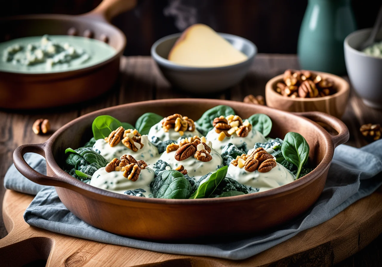 Potato pan with spinach, blue cheese and walnuts