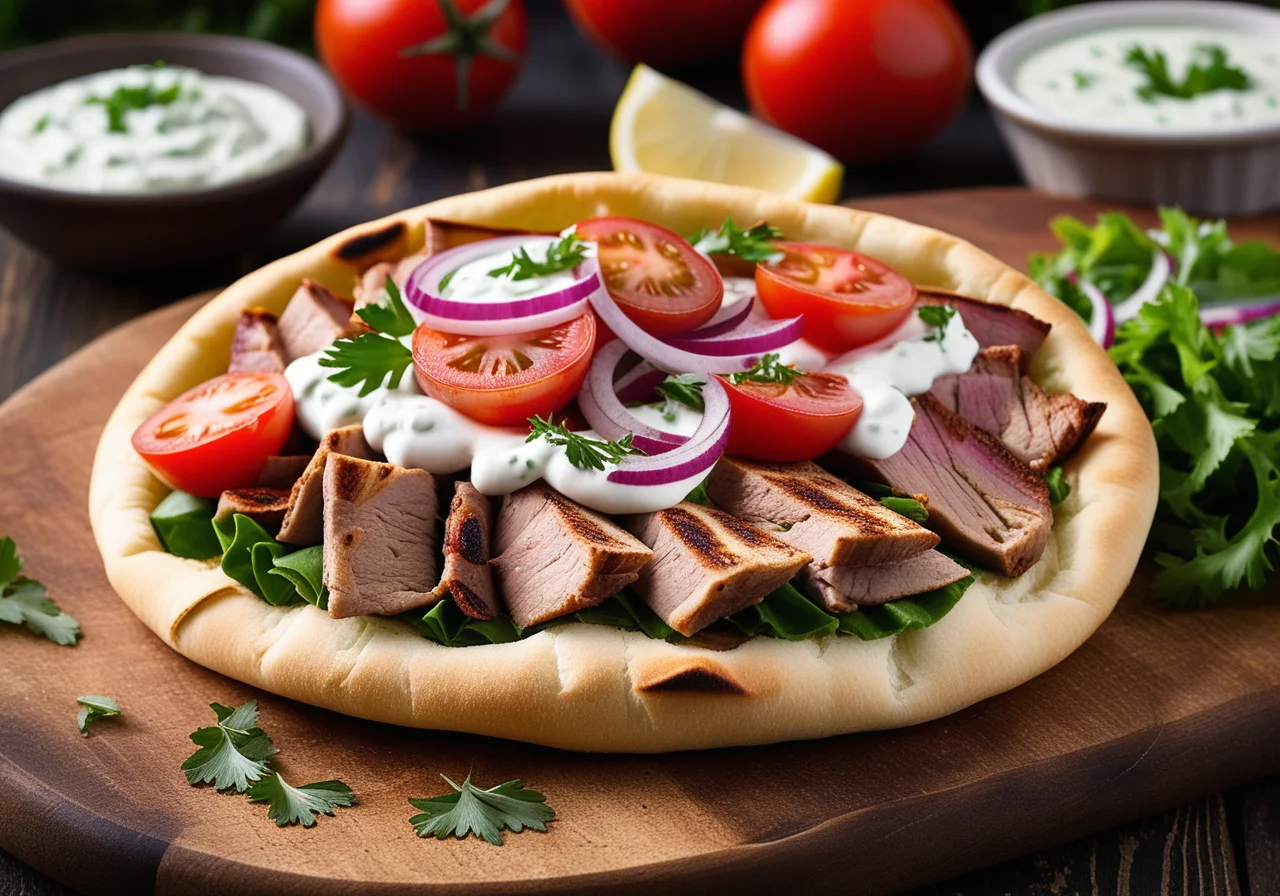 Greek-Style Sandwich with Souvlaki and Vegetable Rice