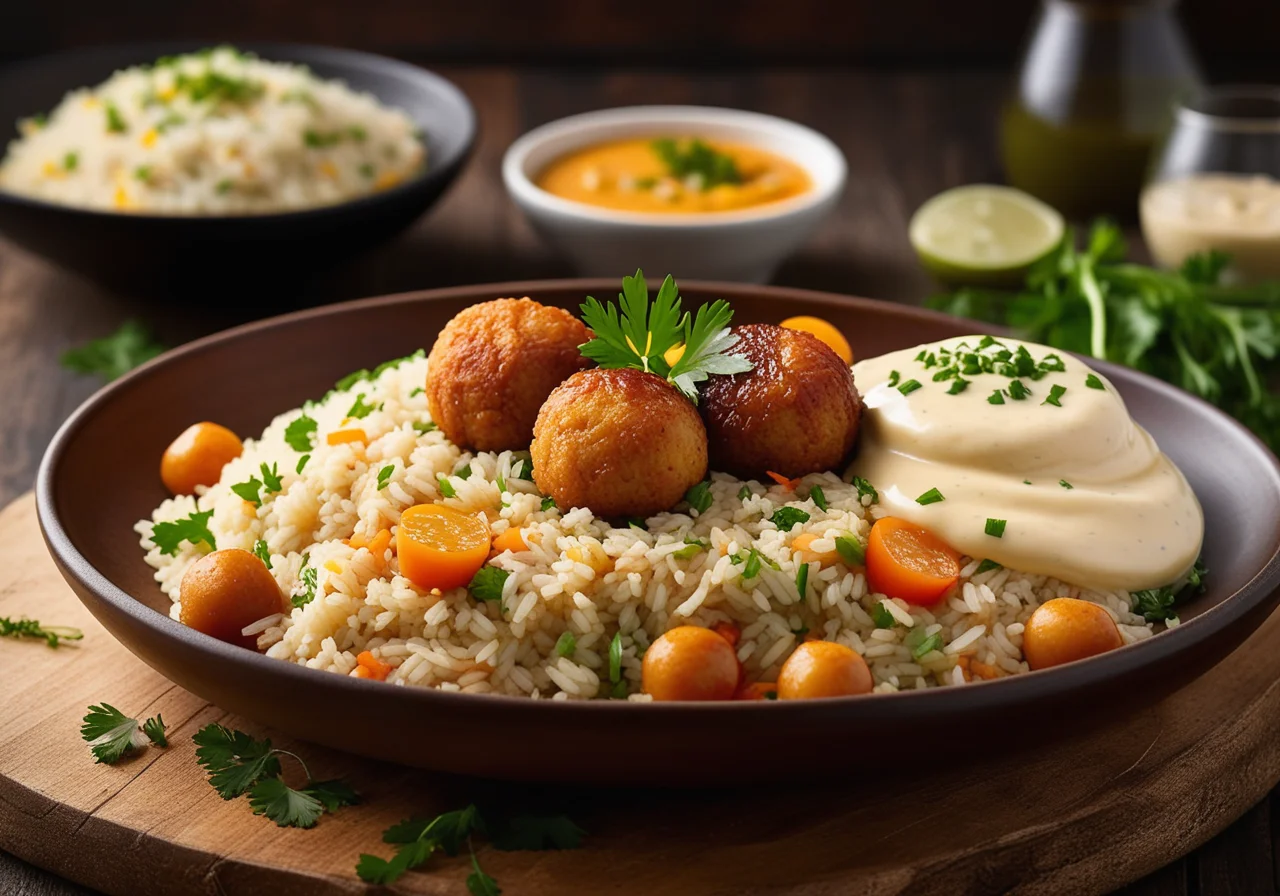 Fish Balls with Vegetable Rice and Curry Sauce