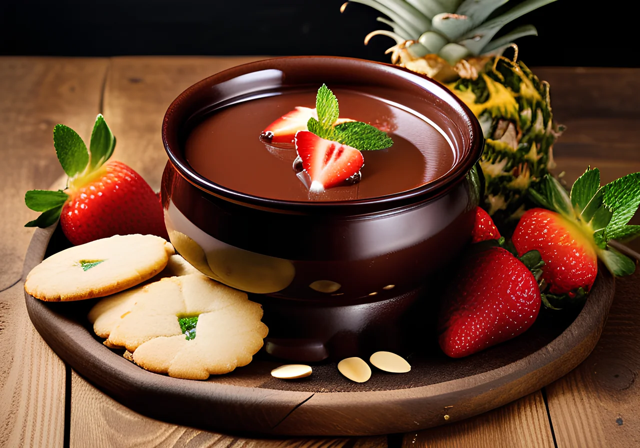 Chocolate Fondue with Fruits and Pastry