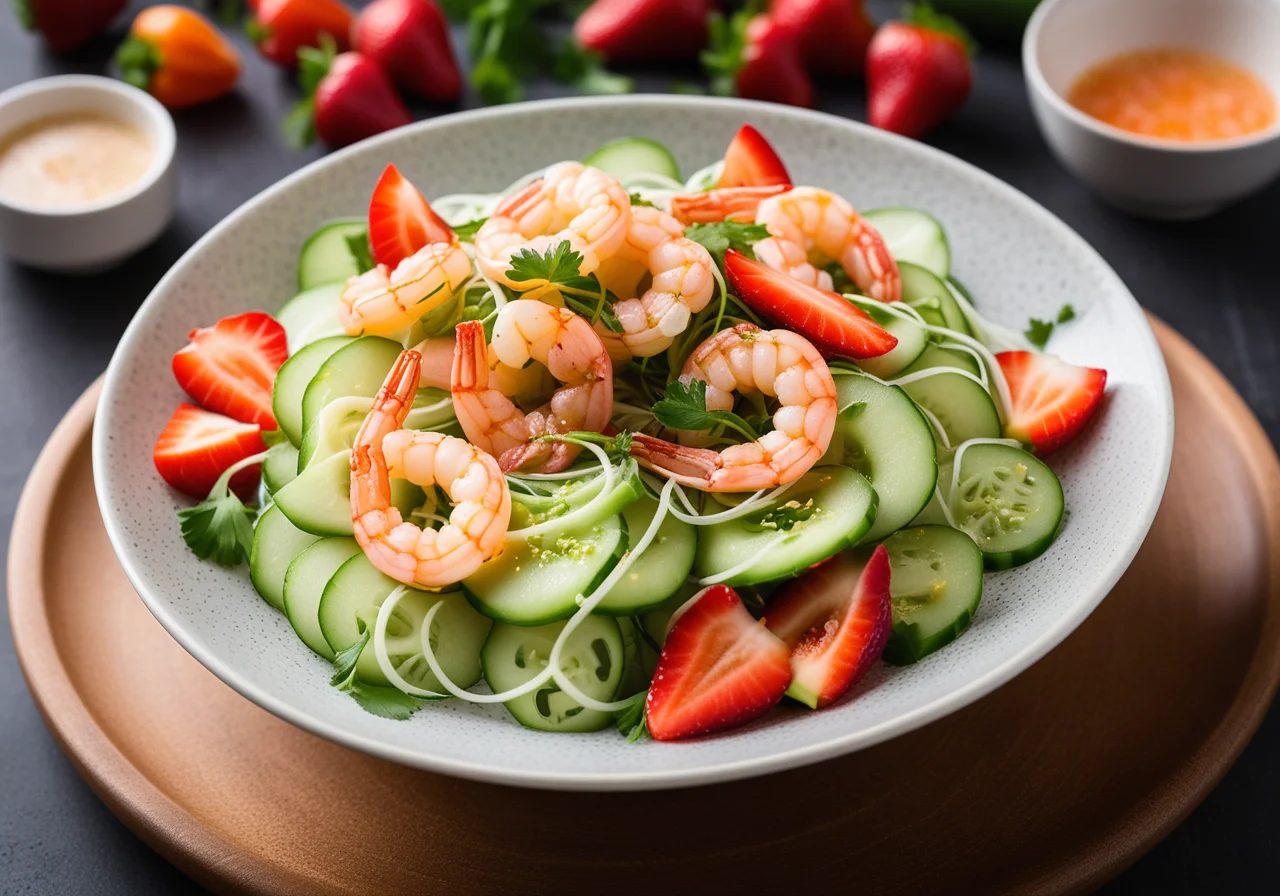Glass noodle salad with fried shrimp and strawberries