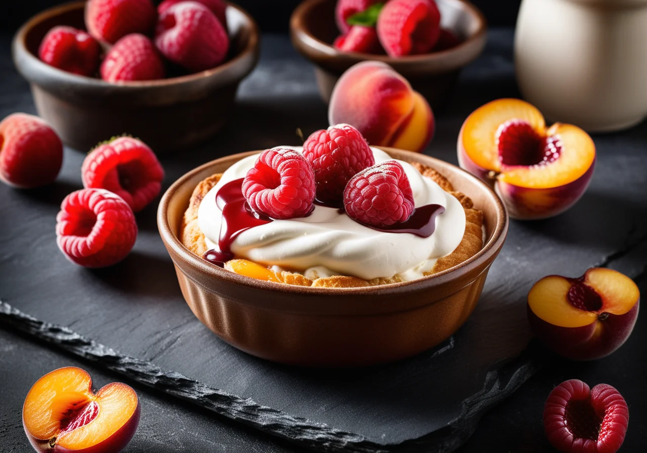 Baked Peach Compote with Cream and Raspberry Sauce