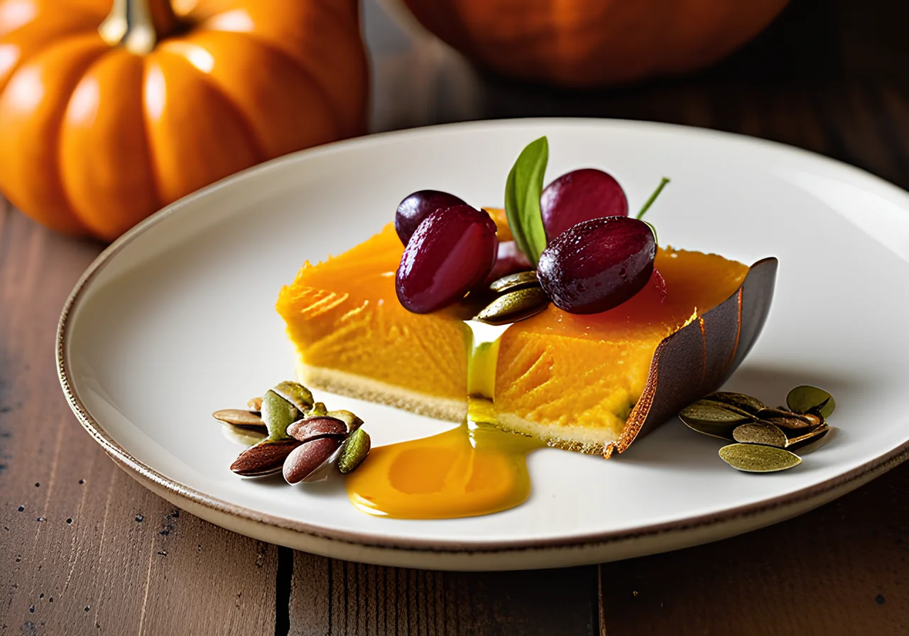 Baked Pumpkin Slices with Red Grapes on Creamy Polenta