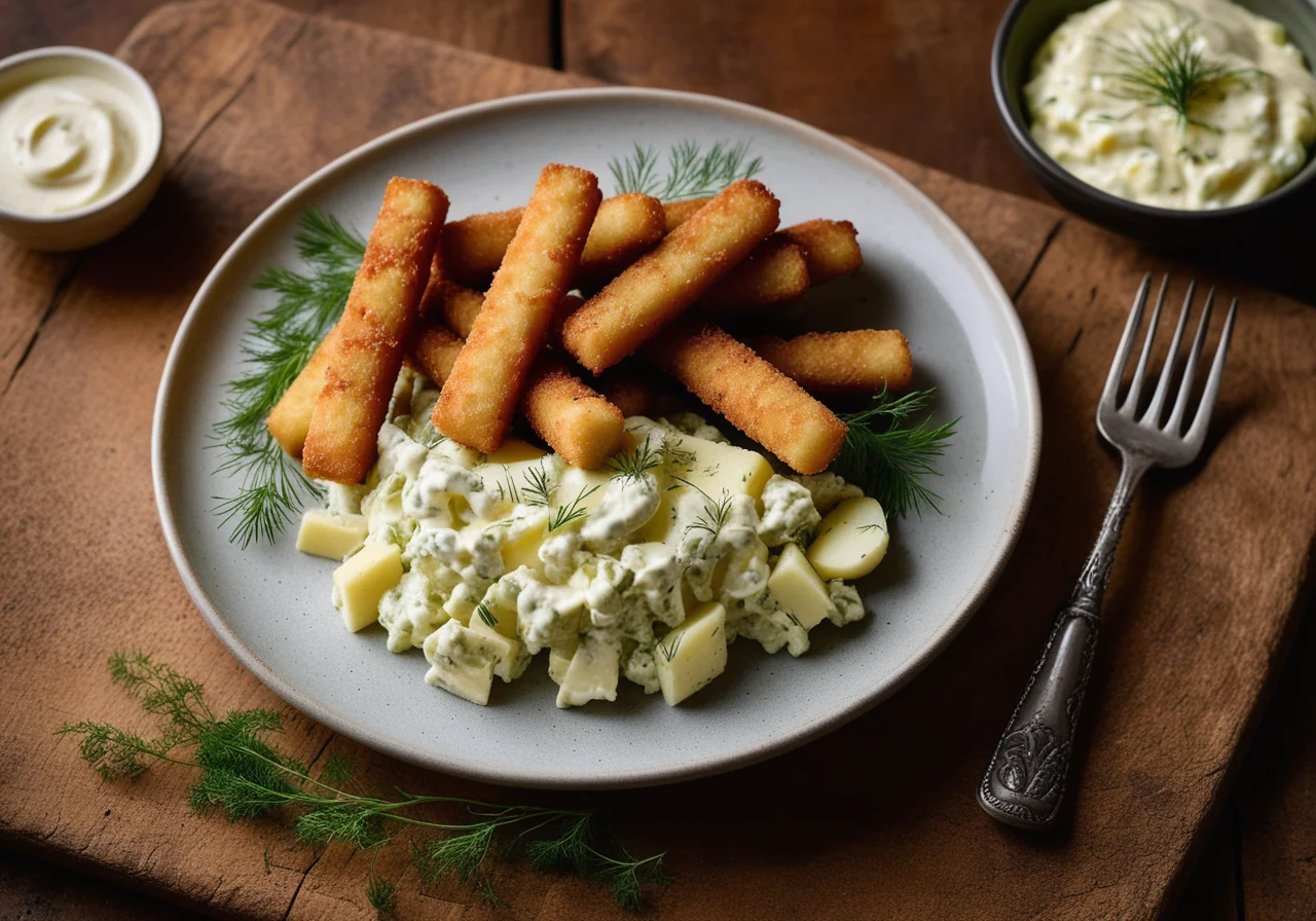 Fish sticks and potato salad with radishes