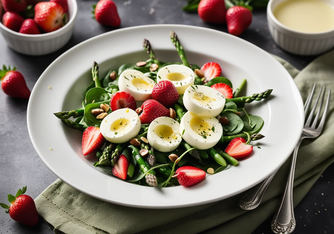Green asparagus spinach salad with strawberries and mozzarella