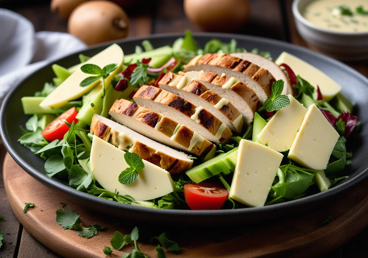 Salad with young potatoes, celery stalks and chicken fillet