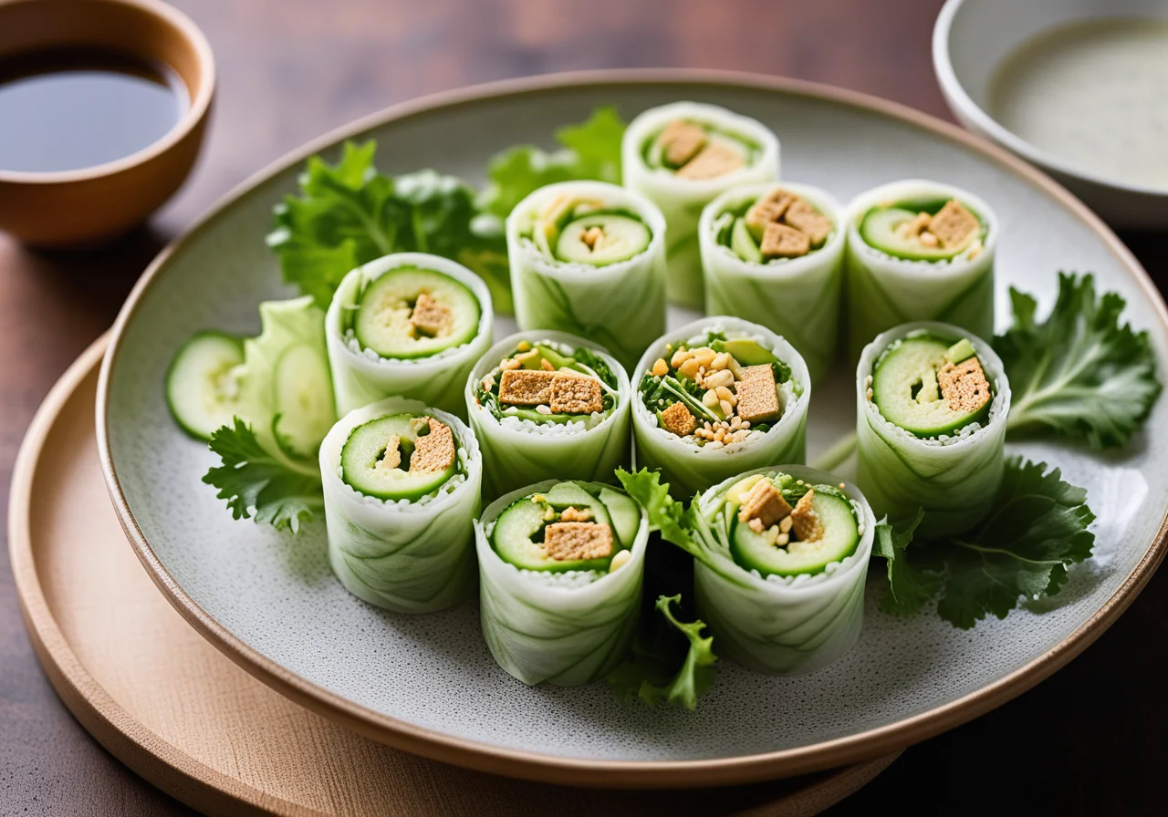 Rice paper rolls with tofu, lettuce and cucumber