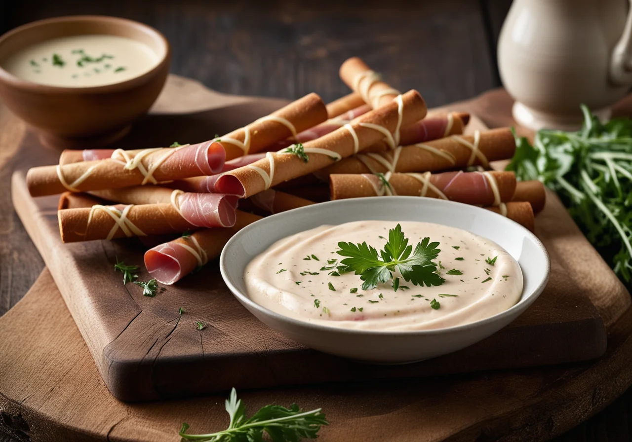 Grissini Wrapped in Ham and Arugula with Gorgonzola Dip