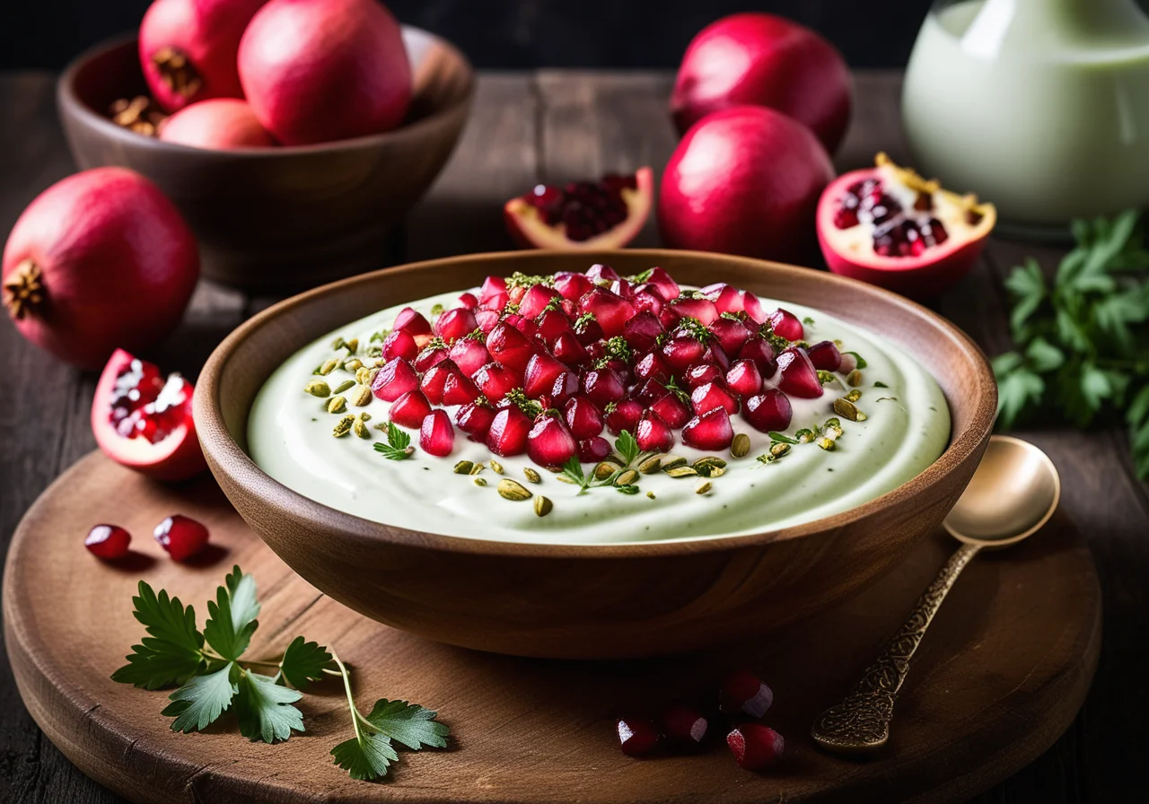 Pistachio-Coriander Yogurt with Pomegranate Seeds