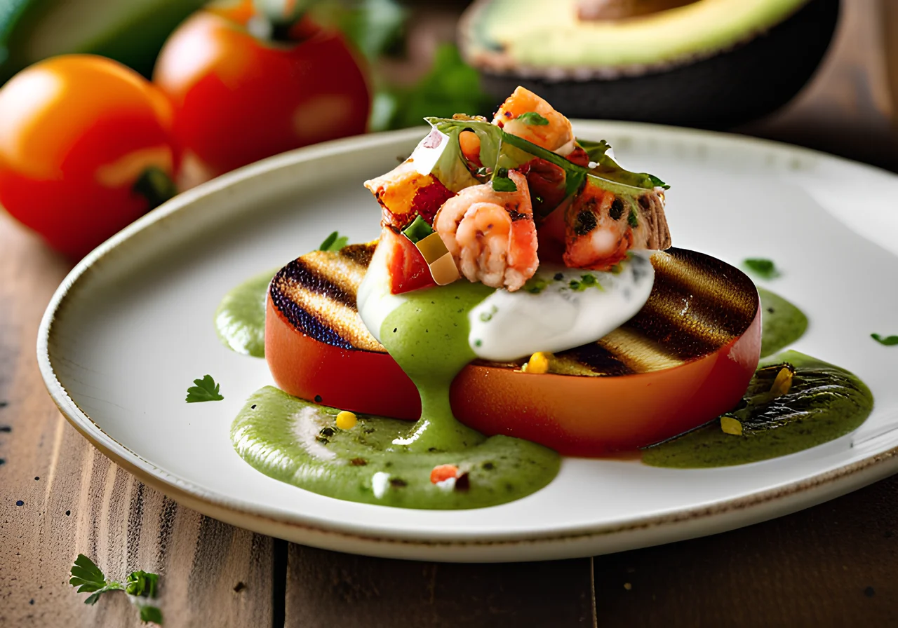 Grilled Avocado with Mango Tomato Salad and Crabs