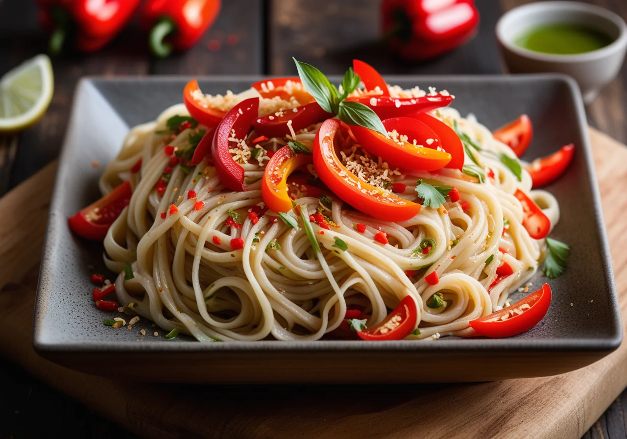 Rice Noodles with Tea and Bell Pepper