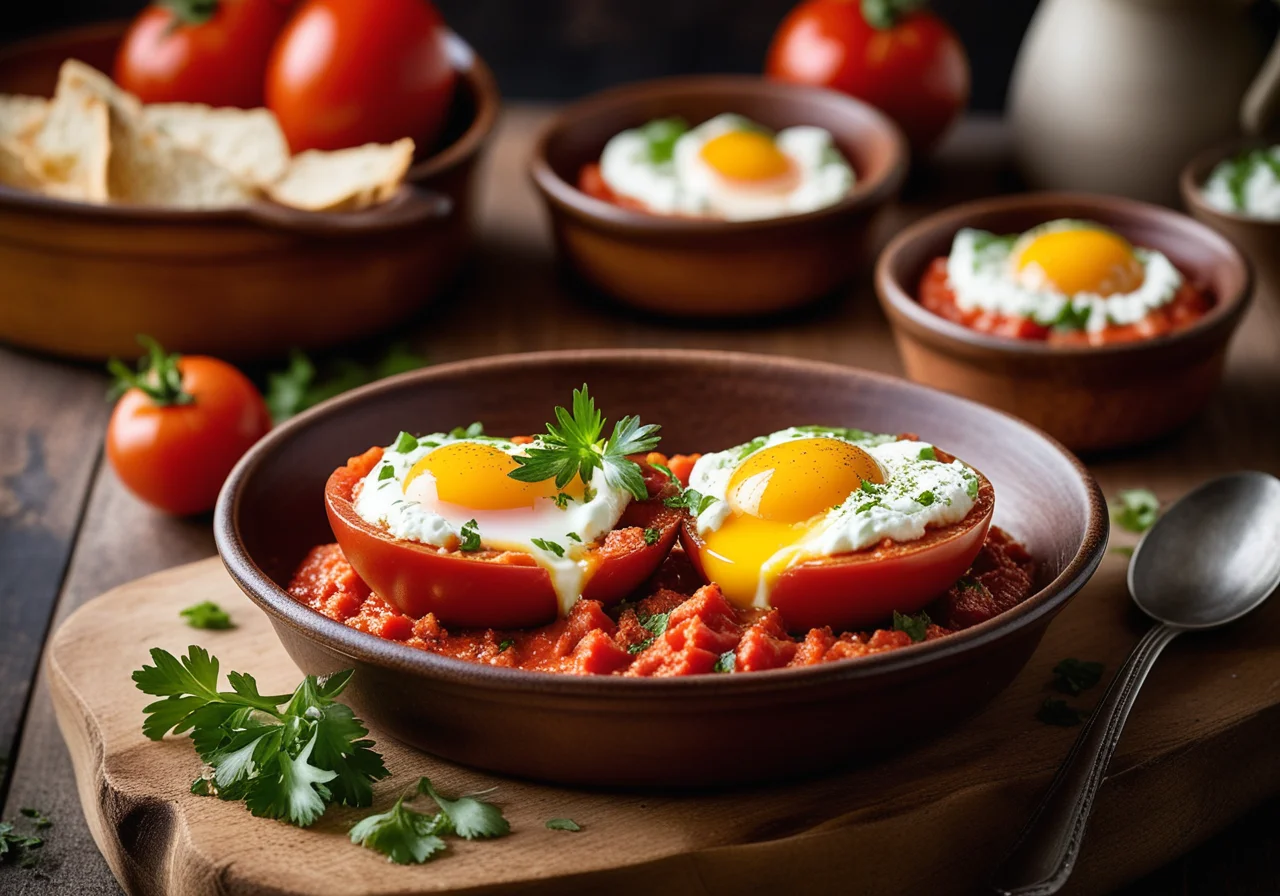Baked Eggs in British Style with Tomato and Feta