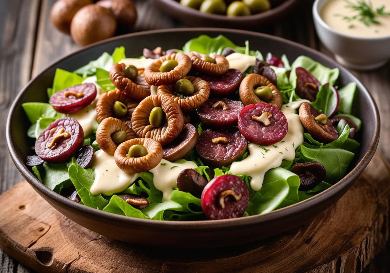 Salami Mushroom Salad with Cheese and Olives