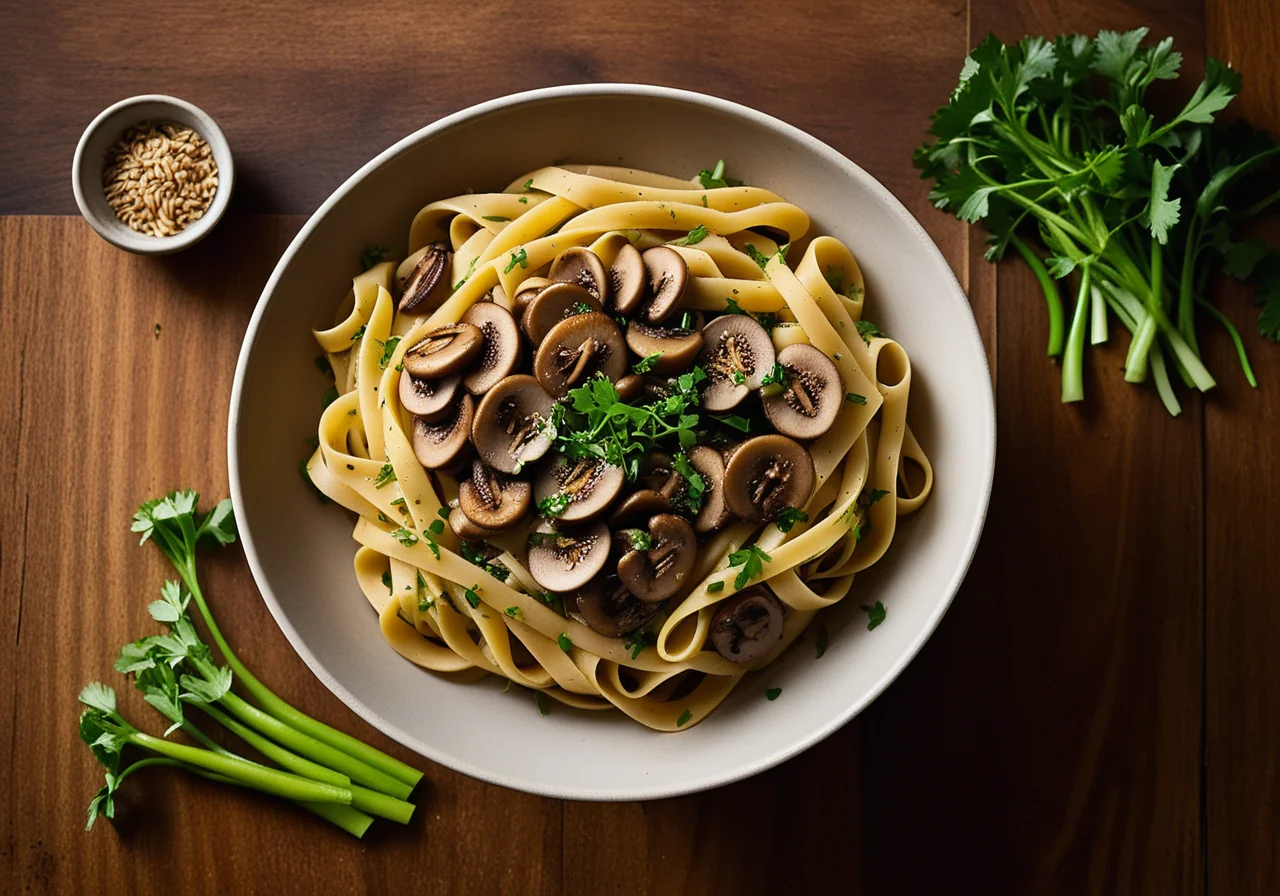 Roggen pasta with mushroom sprout sauce