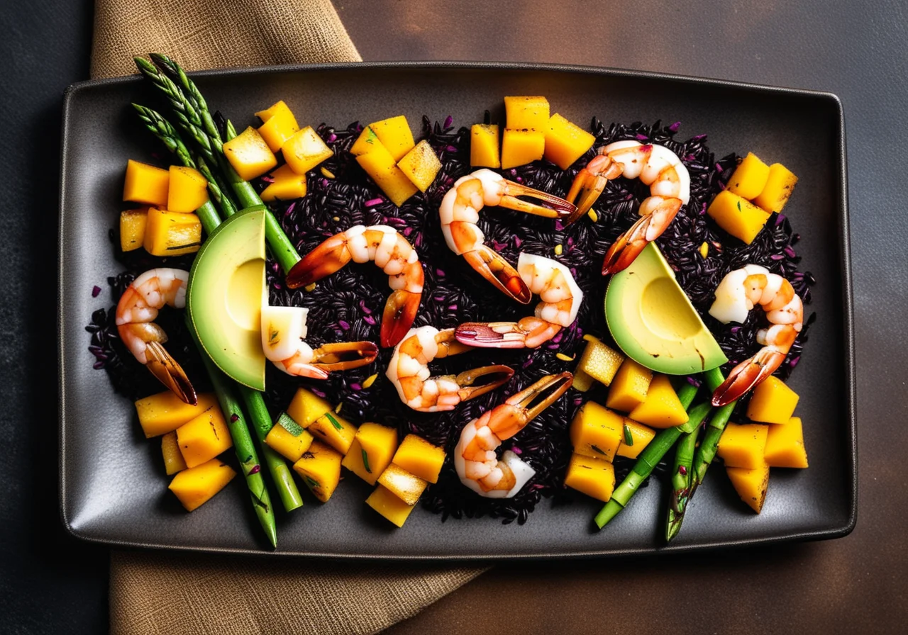Shrimp Skewers with Asparagus, Fruit and Black Rice