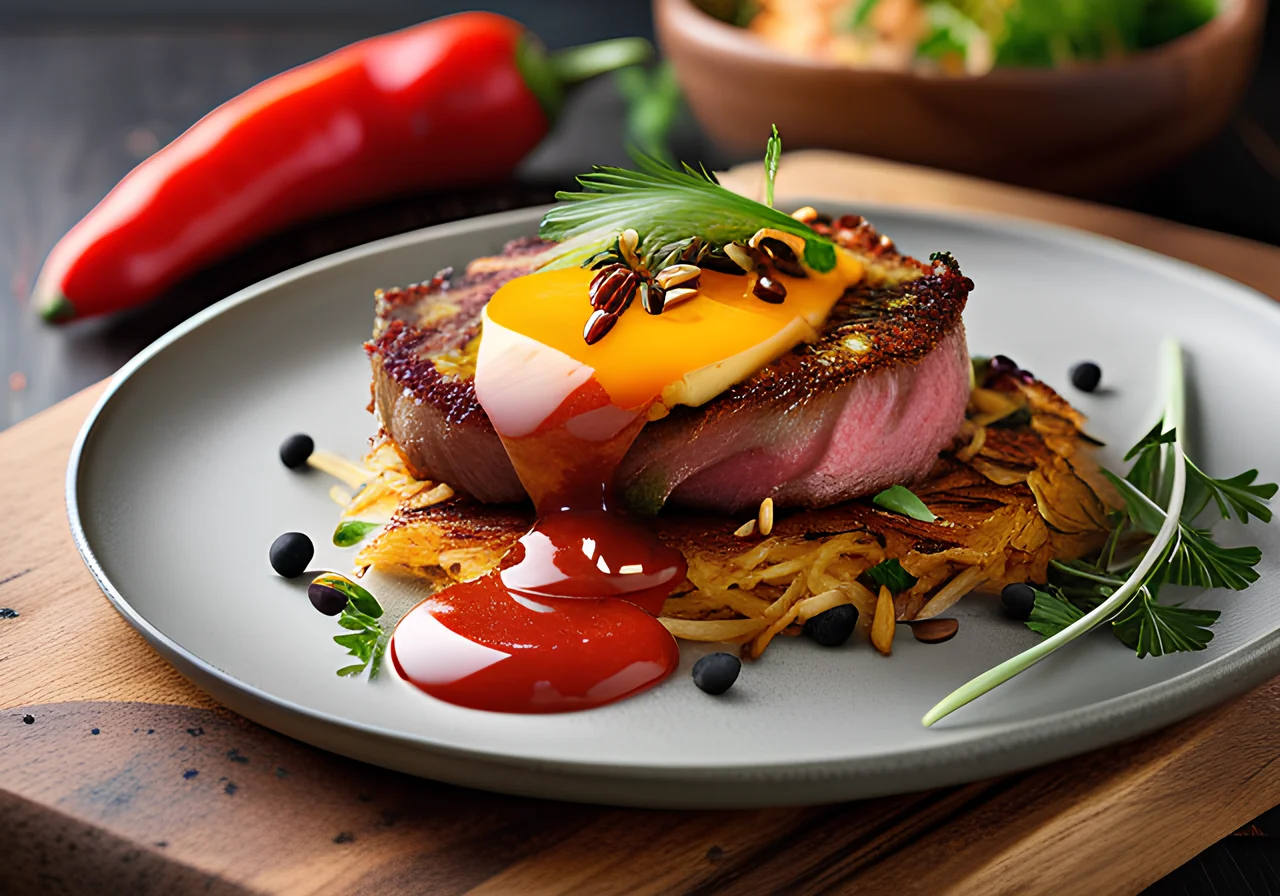 Beef Fillet with Potato Rösti and Red Pepper Sauce