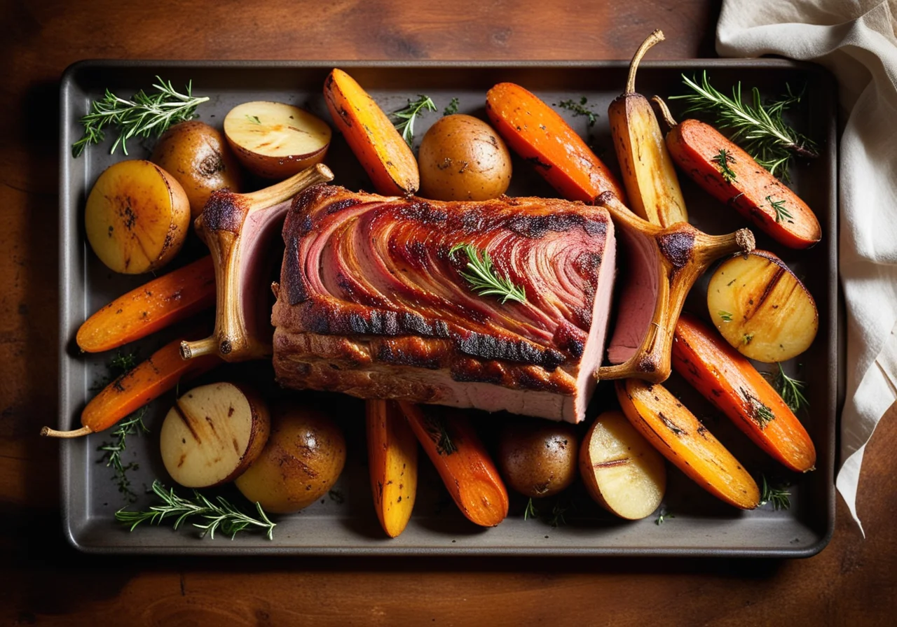 Zickleinkeule mit Karotten, Knoblauch und Kartoffeln