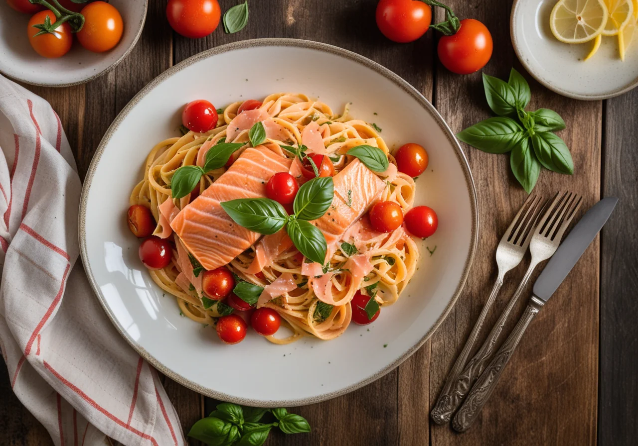 Pasta with Salmon Fillet and Cherry Tomatoes