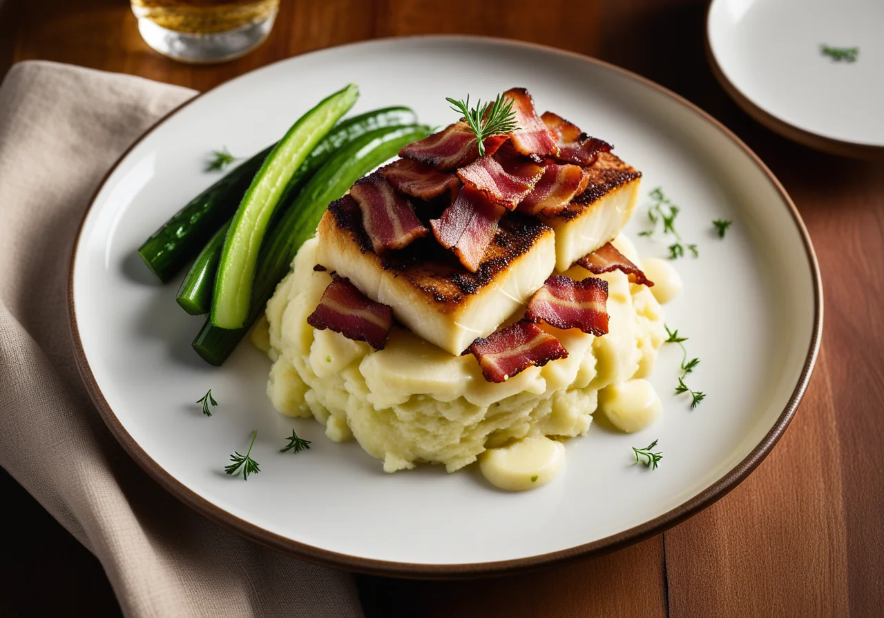 Atlantic Cod with Bacon Strips, Mashed Potatoes and Cucumber Salad