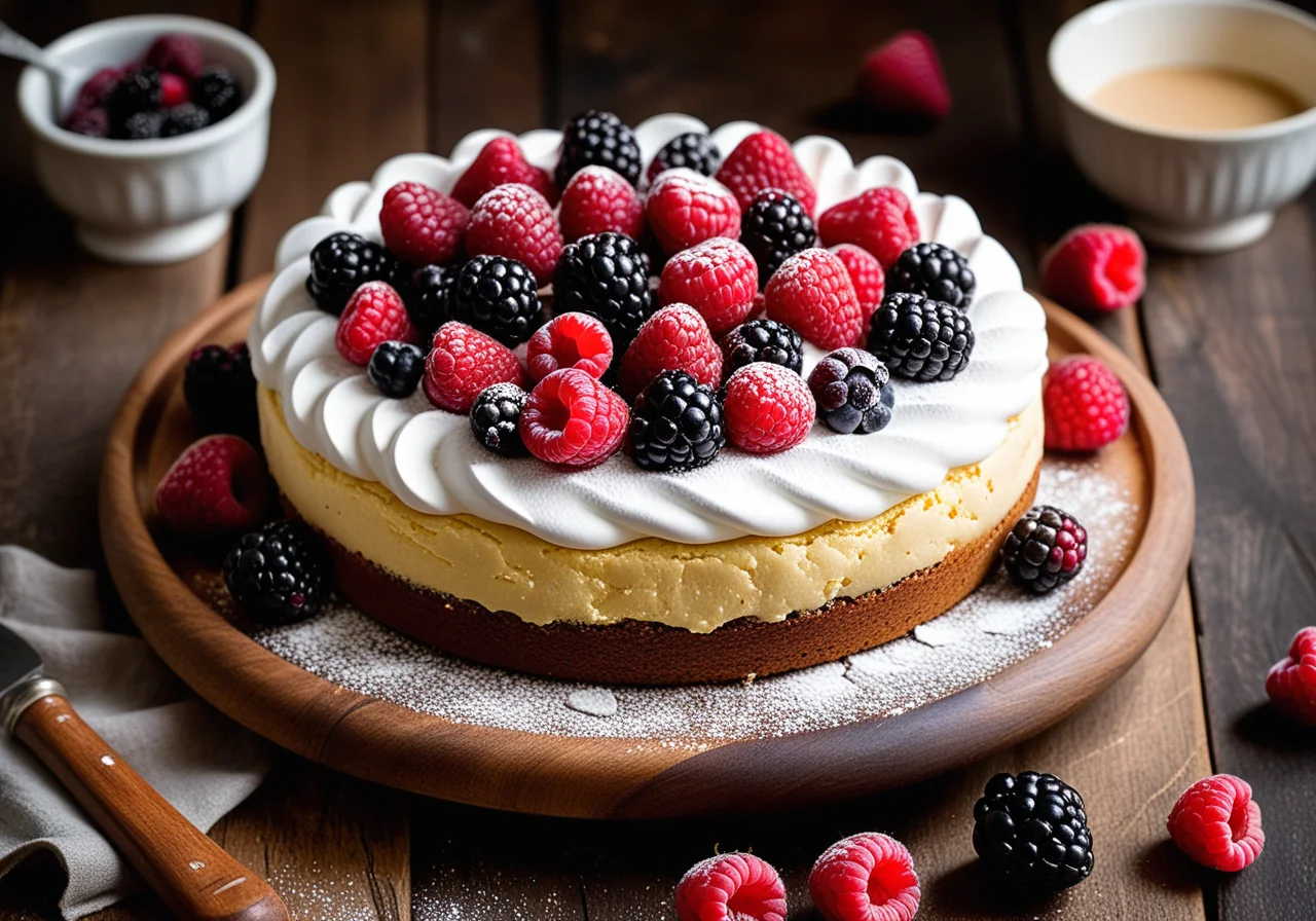 Berry Cake with Meringue Almond Topping