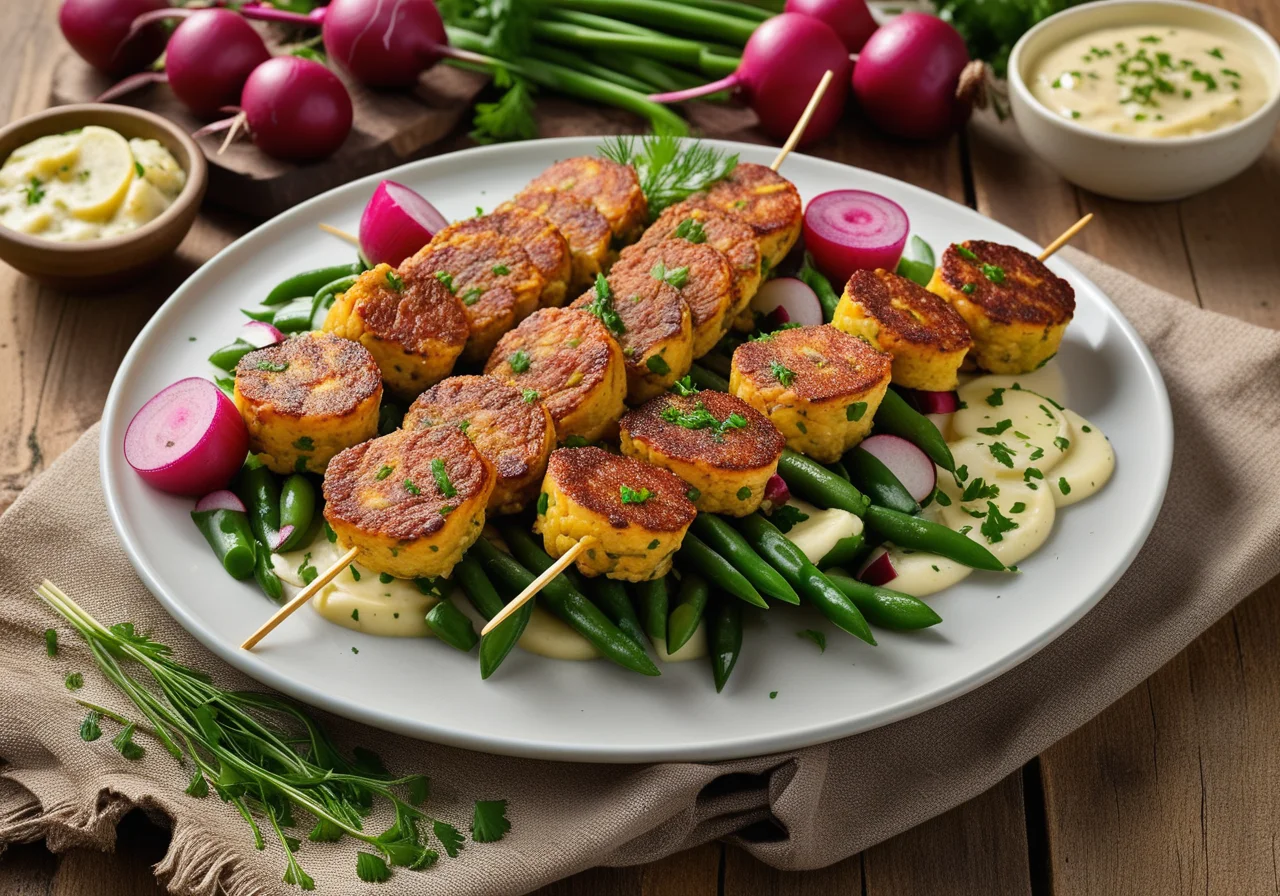 Veggie Pattie Skewers with Potato Bean Salad
