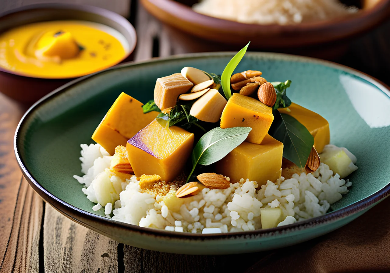 Kohlrabi-Mango Curry with Paneer and Turmeric Almond Rice