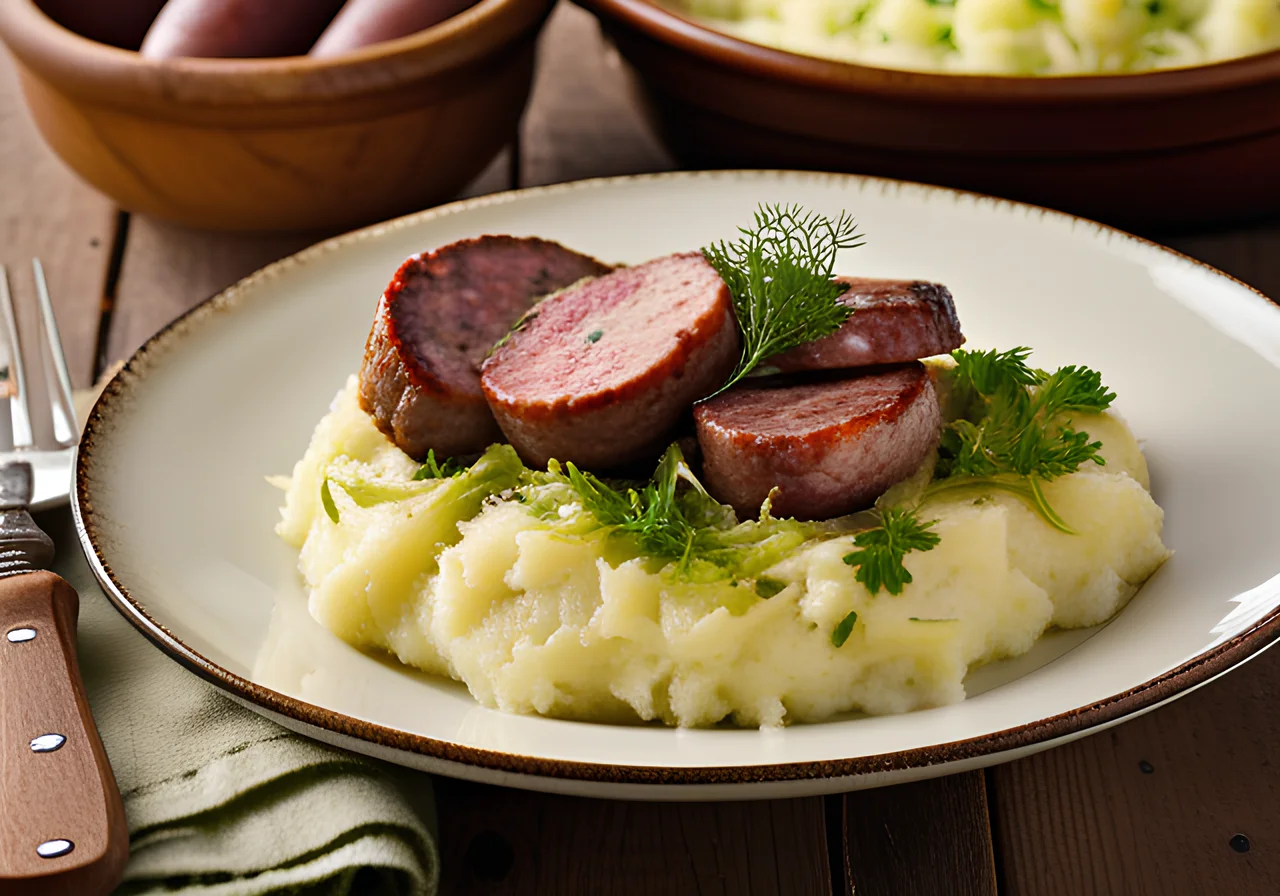 Gratinated Sauerkraut with Sausage and Mash