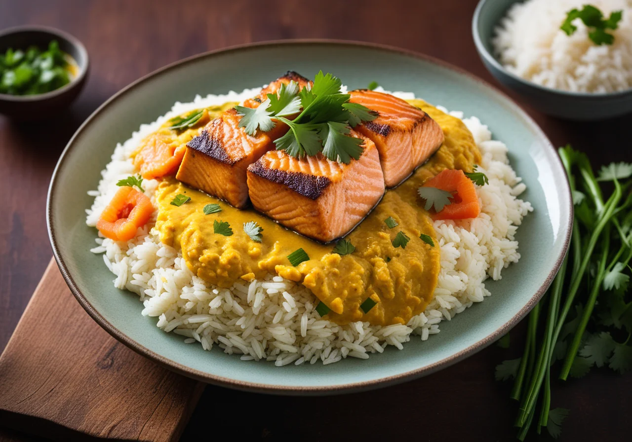 Carrot Turmeric Rice with Salmon Coconut Ragout